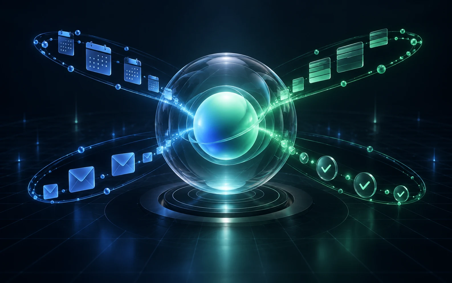 Abstract blue and green orbital workflow signals converging on a protected private core for Cadence.
