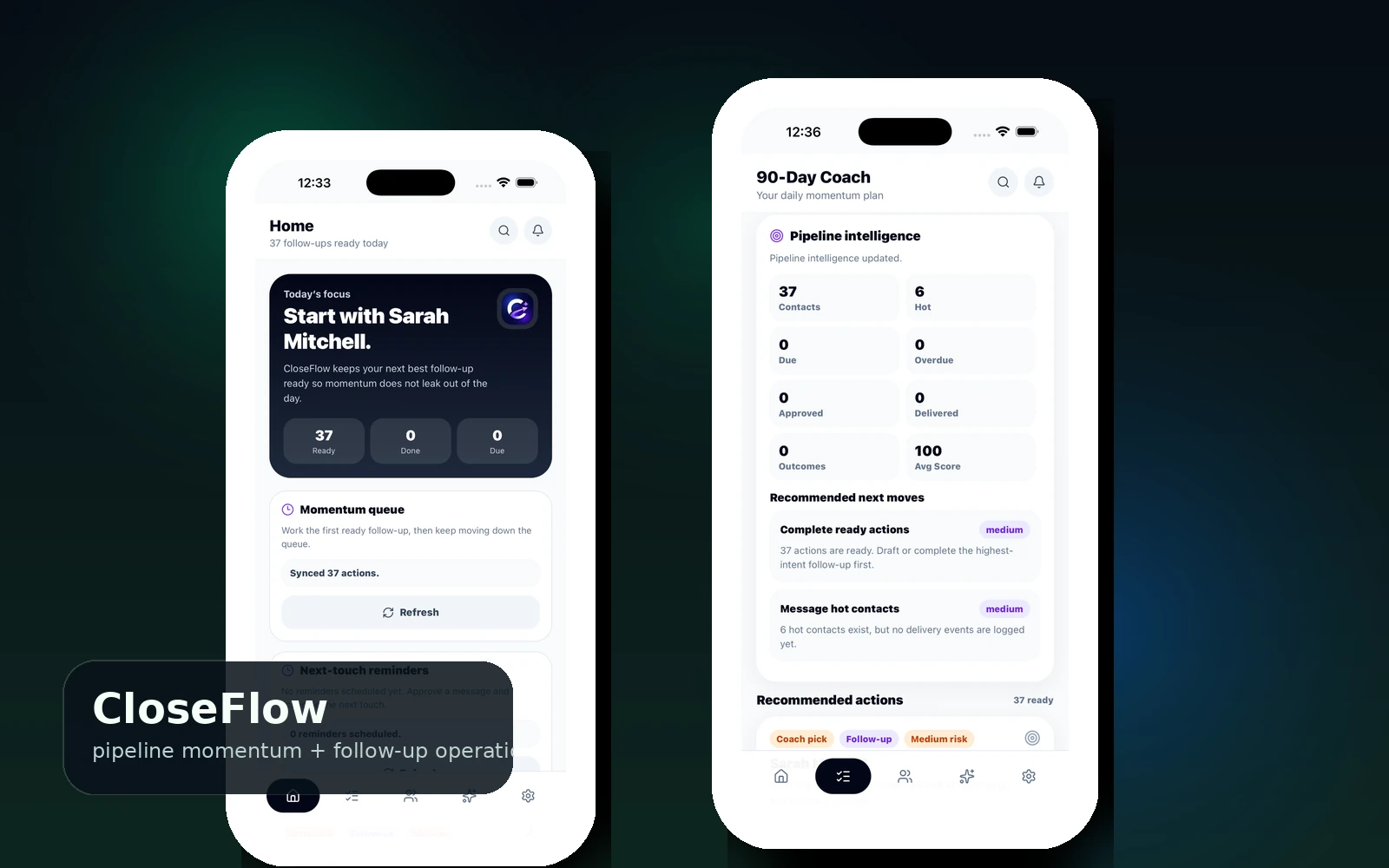 CloseFlow mobile app screens showing home and pipeline intelligence views.